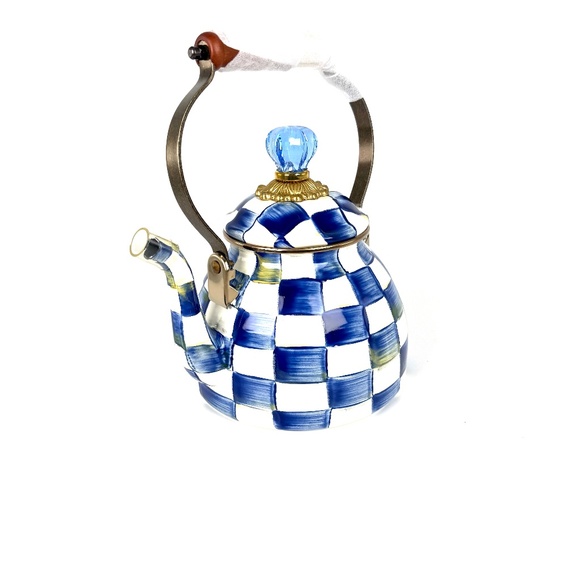 New MacKenzie-Childs Royal Check Blue White Tea Kettle 2QT - Picture 1 of 8